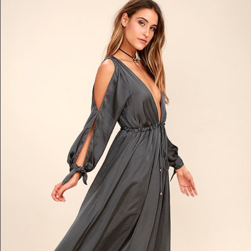 The Owning It Charcoal Grey Satin Maxi Dress